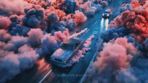 Man with dreadlocks smoking marijuana in a classic car driving through a neon, animated landscape.