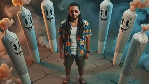 Man with dreadlocks smoking marijuana in a classic car driving through a neon, animated landscape.