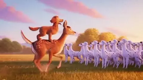 Animated golden retriever riding a deer in a sunny field with Dalmatians and a turtle character.