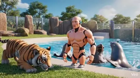 Animated tiger cub watches in shock as a robot explodes in a pool with sea lions.