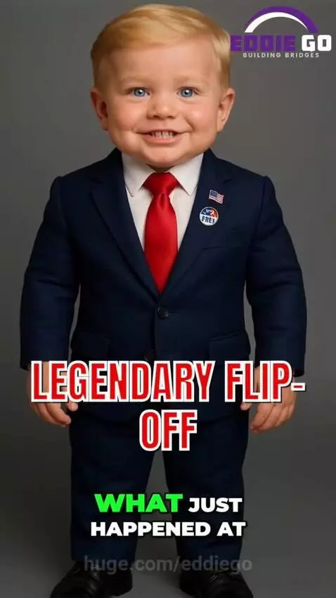 AI image of baby resembling Trump in suit, with car factory, cheering men, distressed man, reporter, and US flags.