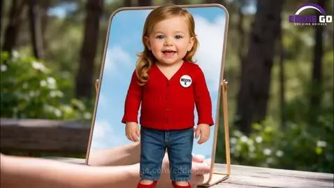 Baby presenter in a red cardigan explaining the Mirror Principle with superimposed backgrounds.