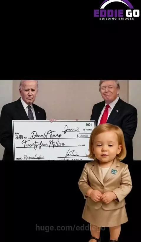 AI-generated image of Biden and Trump holding a giant check for $25 million made out to Donald Trump.