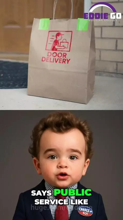 Satirical image of baby in suit next to St. Paul council member Hwa Jeong Kim and grocery donation scenes.