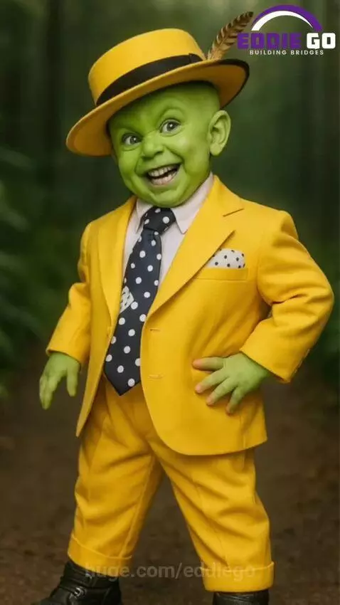 Baby dressed as 'The Mask' with green skin looking surprised, with text about Democrats dodging a question.