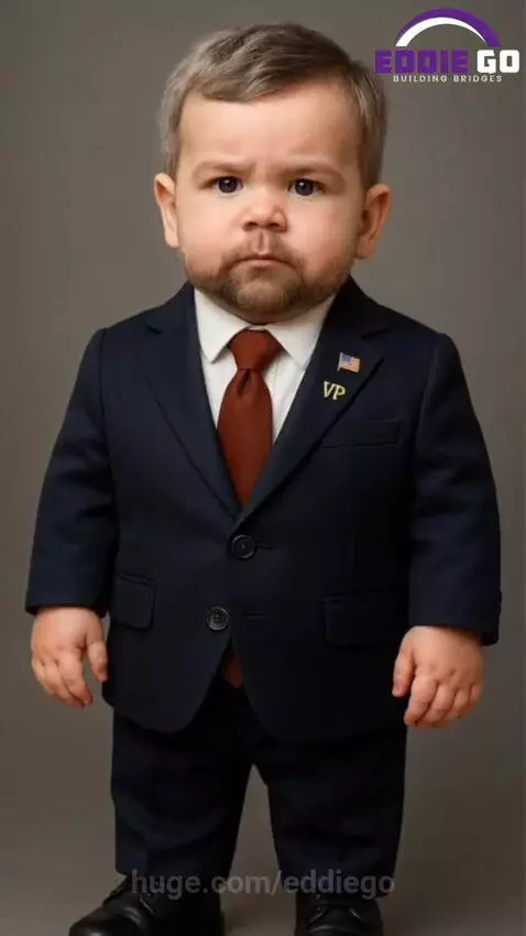 Baby in a suit as VP pointing at graphics comparing California and Minnesota fraud statistics.