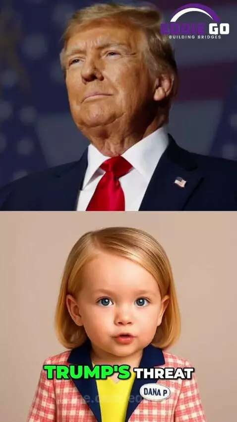 President Trump pointing, with Canadian and Chinese flags, and a child character.