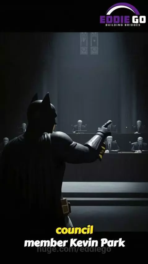 Person in Batman costume confronting Santa Clara City Council members at a podium.