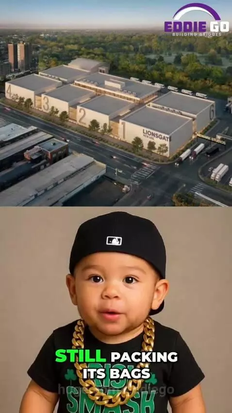 Aerial view of film studios with a map showing US states and tax incentives, plus a baby in a cap.