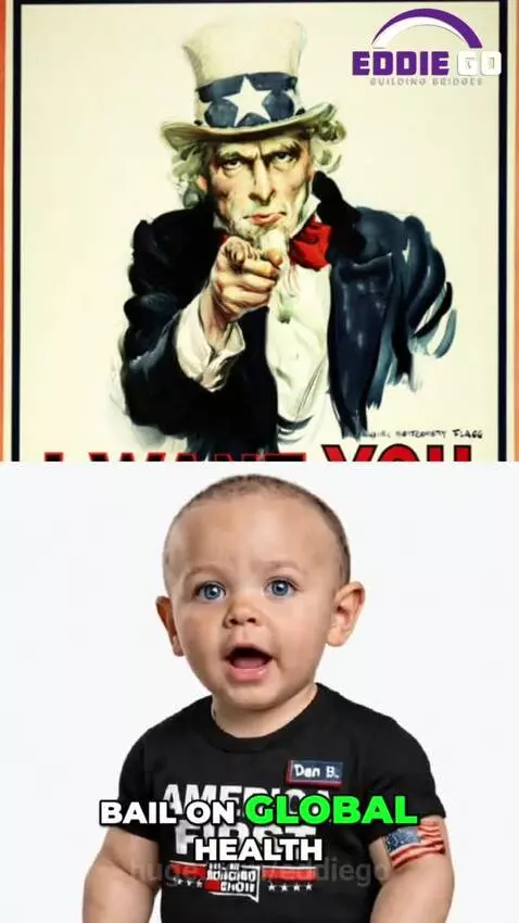 Uncle Sam ghosting WHO, while California's Gov. Newsom shakes hands with global health scientists.