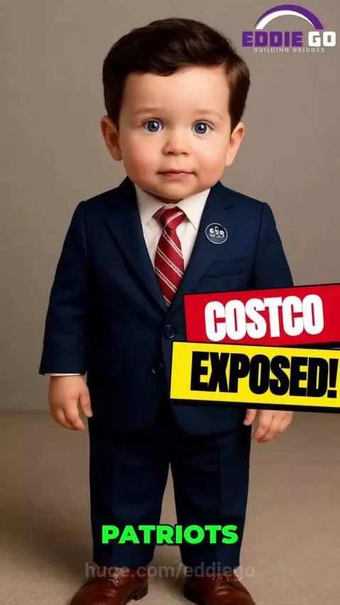 AI baby in a suit speaking about Costco rotisserie chicken, with footage of chickens and furniture.