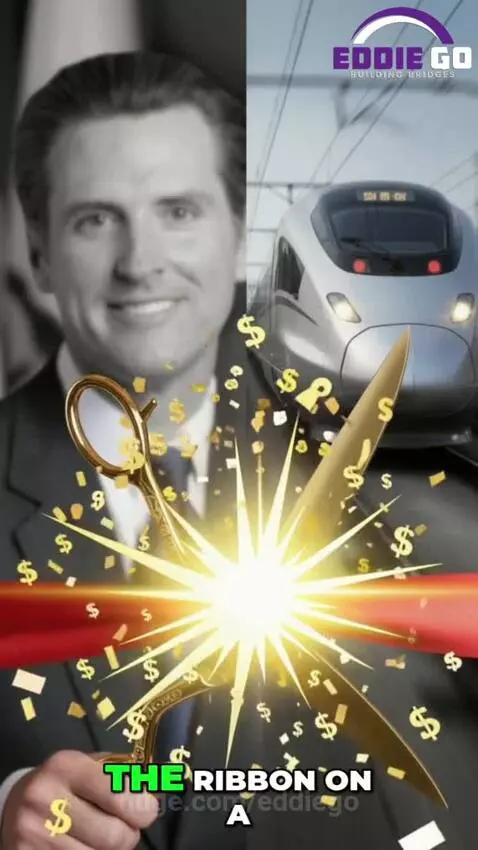 Baby news anchor reporting on California's high-speed rail project with a map and train graphics.