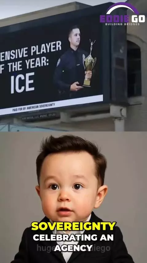 Digital billboard showing ICE as 'Defensive Player of the Year' during Super Bowl weekend in San Francisco.