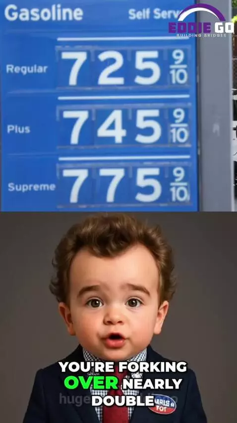 Baby in a suit pointing at a gas station sign showing high California gas prices.