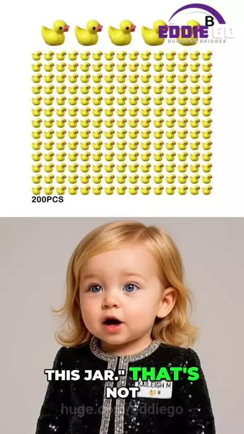 A baby in a sequined jacket sits near a pile of rubber ducks, with a distressed cleaner in the background.