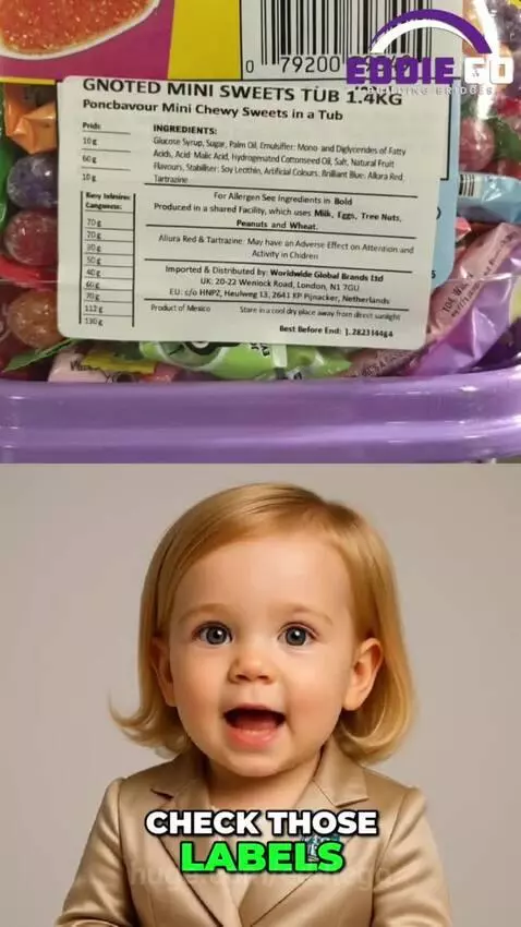 Baby in business suit points to candy bar with metallic substance, highlighting heavy metal contamination concerns.