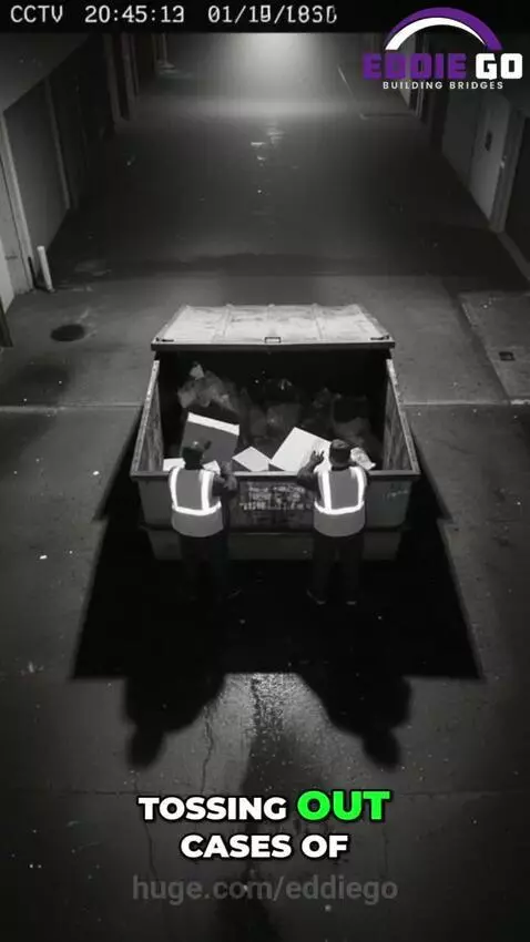 LAHSA employees dumping taxpayer-funded food into a dumpster, contrasted with homeless encampments.