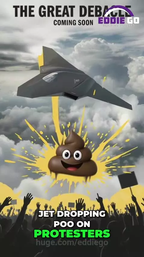 Baby in a political t-shirt wearing a crown, with a fighter jet and poop emoji in the background.