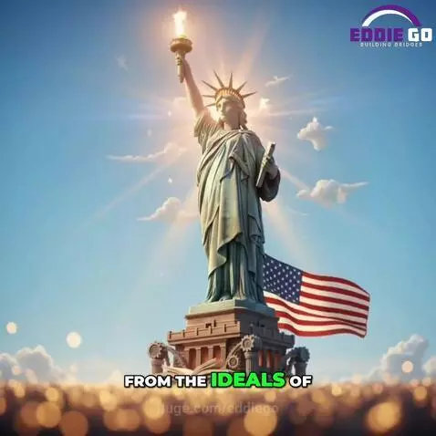 Montage of patriotic American scenes: flag, Statue of Liberty, diverse faces, military cemetery, and children with flag.