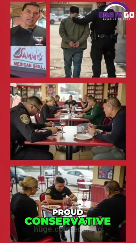 Split screen showing Sammy's Mexican Grill food, ICE agents, and political merchandise.
