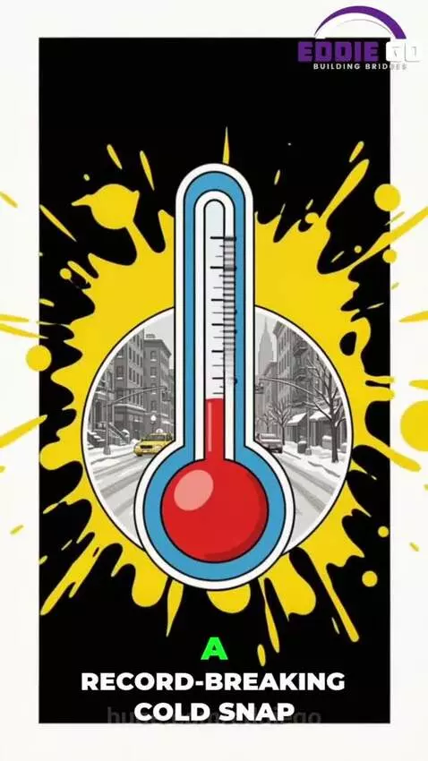 Baby in a sequined jacket in the snow, with a thermometer showing extreme cold.