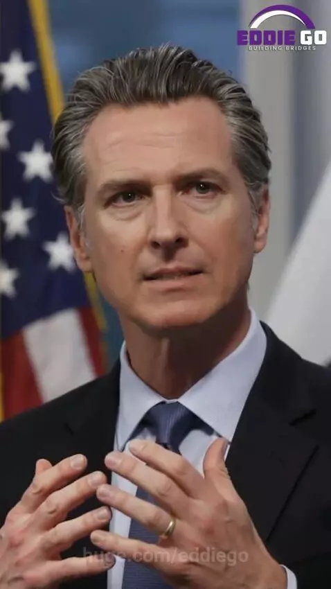 Gavin Newsom speaking, with images of political figures and documents related to SAT scores.