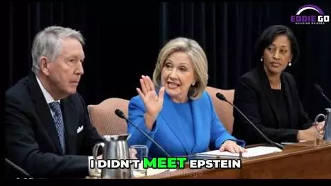 Hillary Clinton speaking emphatically at a table, denying she met Epstein.