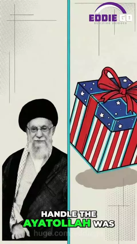 Baby in suit looking surprised at bombs dropping on Iran map, contrasted with money pallets and Trump.