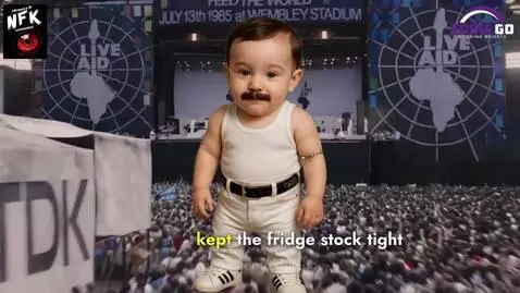 Baby dressed as Freddie Mercury with mustache, singing on a stage with Queen concert footage.