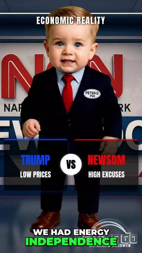 Baby dressed as a news anchor criticizes Gavin Newsom's policies on gas prices.