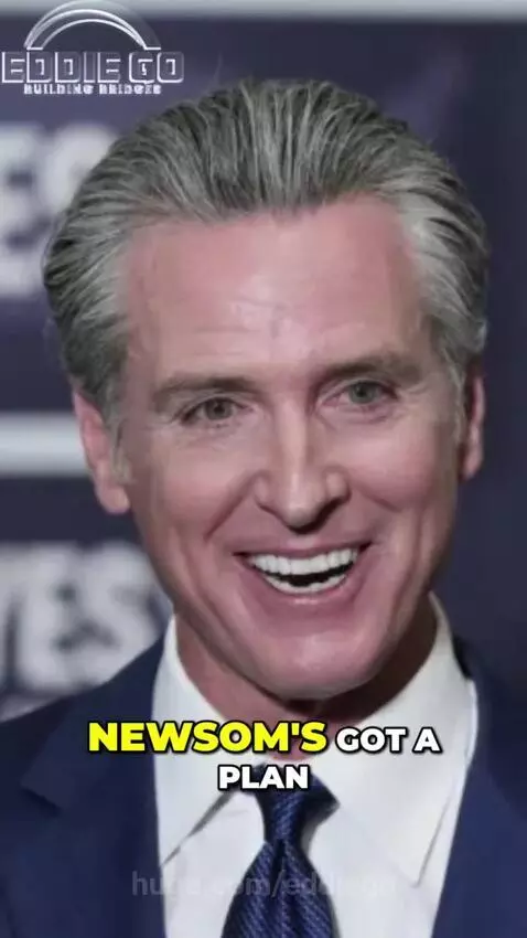 Governor Gavin Newsom speaking, with graphics related to oil refineries and gas prices.