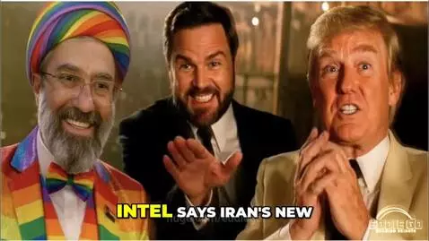 President Trump-like figure reacts with shock and excitement to news about Iran's new leader, who is in a rainbow outfit.