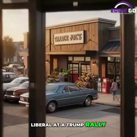 A split image showing a chaotic grocery store aisle contrasted with a cozy Trader Joe's store interior.