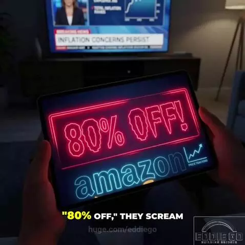 Man points at phone showing price drop alert, with visuals of fake deals and sinking Amazon box.
