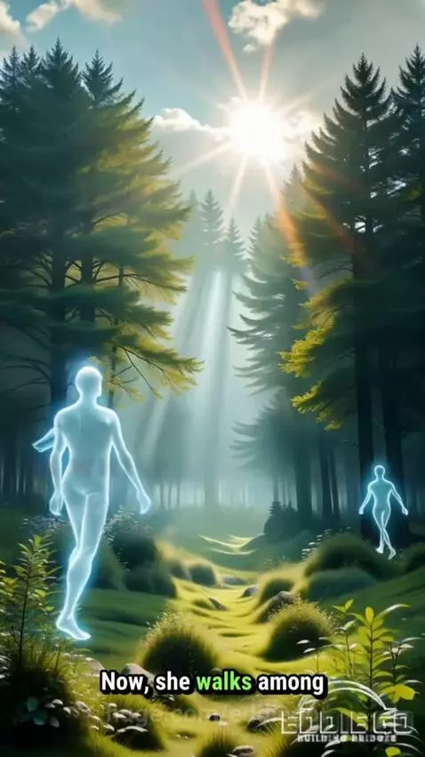 Man in suit discusses near-death experience, transitioning to animated forest and night sky with Milky Way.