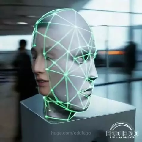 Woman looking unhappy for passport photo, with airport security scanner overlay.