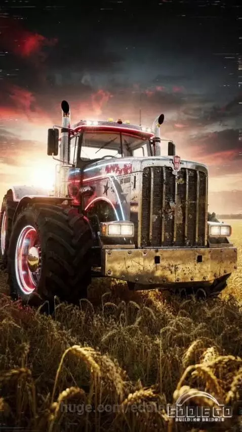 Large tractor in a field with a baby in a suit superimposed, representing the OnlyFarms.gov website.