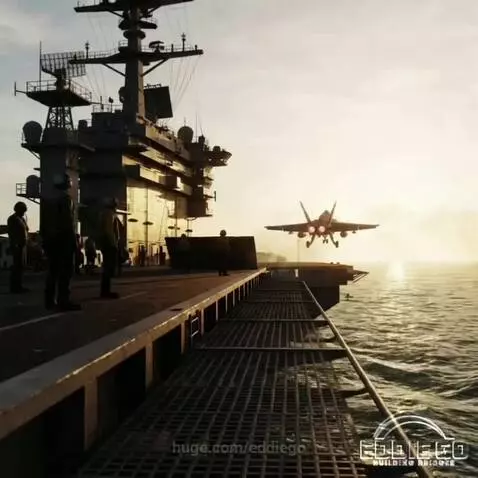 US Navy aircraft carrier with fighter jets on deck, showing the scale and intensity of operations.