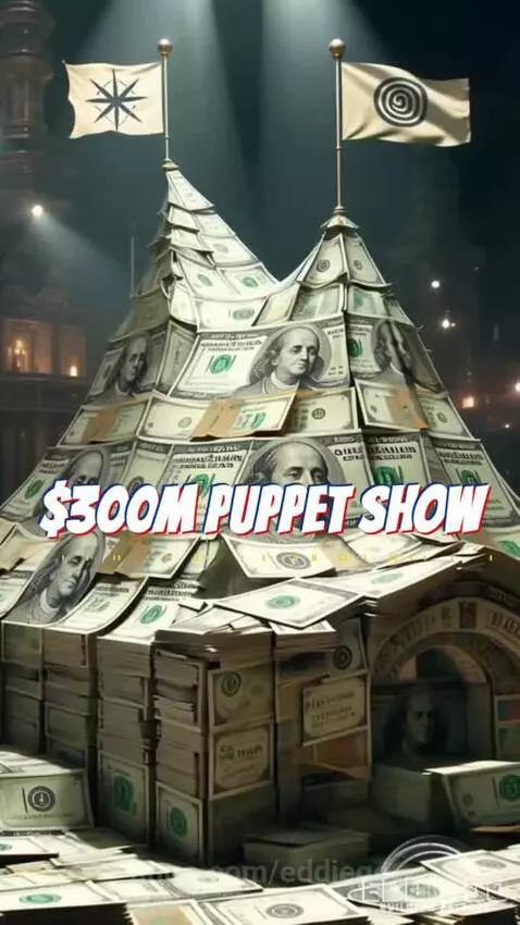 Collage of protest signs, money, and a puppet master controlling strings over a crowd.