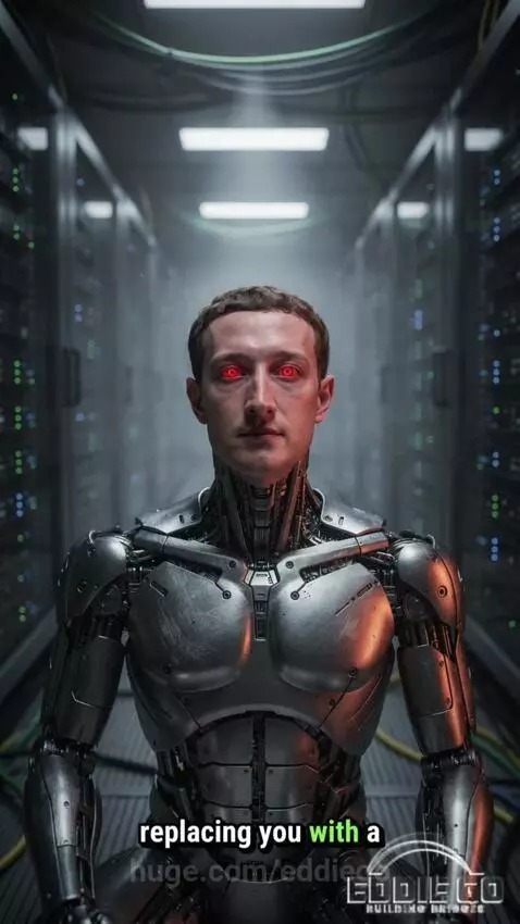 Muscular baby caricature of Mark Zuckerberg with burning VR headset and stock market graphics.