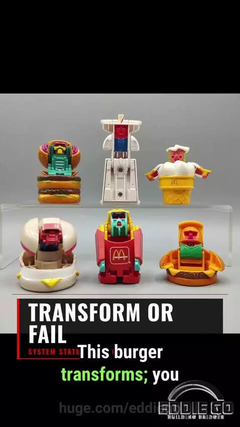 Baby in various outfits surrounded by McDonald's Happy Meal toys and gold coins, promoting a toy collecting investment.