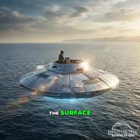 Man proudly standing next to a completed, unique UFO-shaped boat on the water.