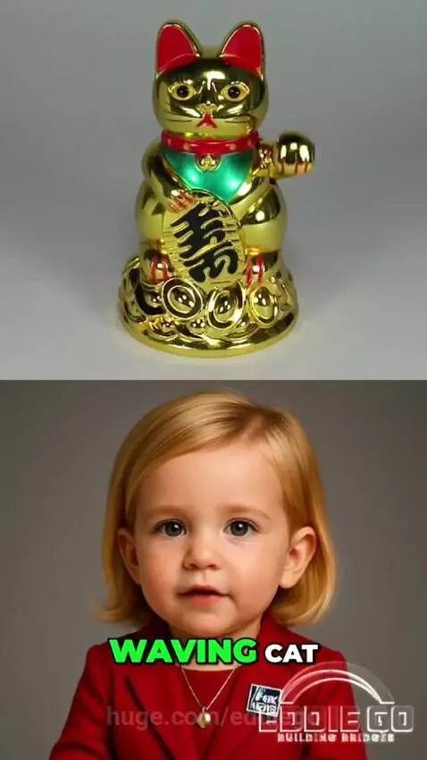 Toddler in a red suit pointing at a list of signs for identifying a bad Chinese restaurant.