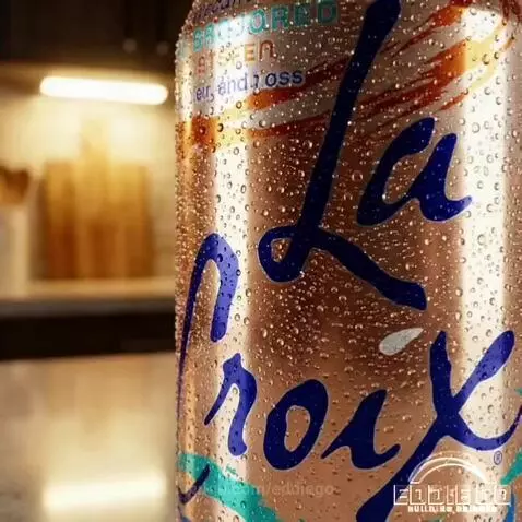 Sparkling water can transforming into dark, murky liquid with swirling patterns.