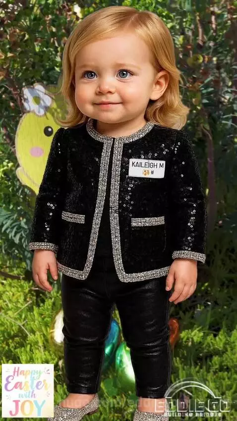 Toddler 'Kaileigh M' in a sequin jacket smiles, surrounded by colorful Easter eggs and a chick decoration.