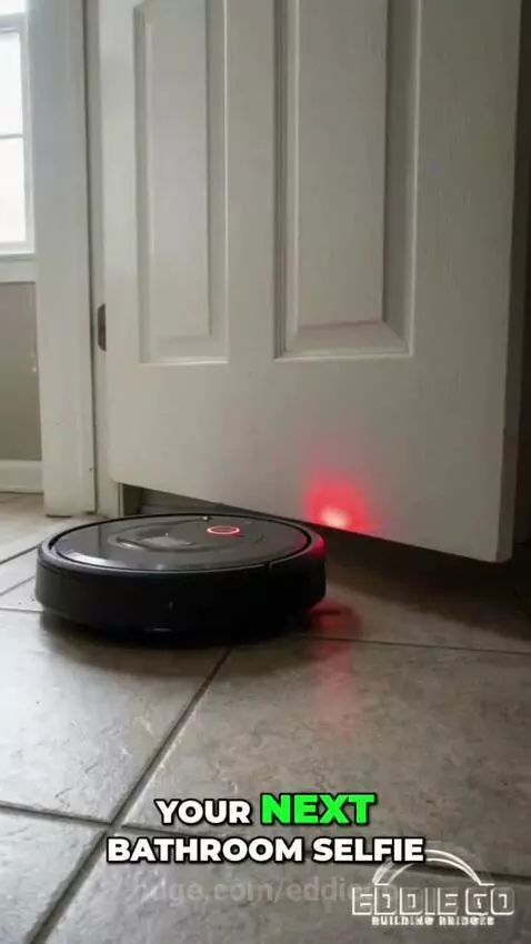 Baby in a suit points at a robot vacuum, with animated smart appliances and a broken padlock in the background, illustrating privacy risks.