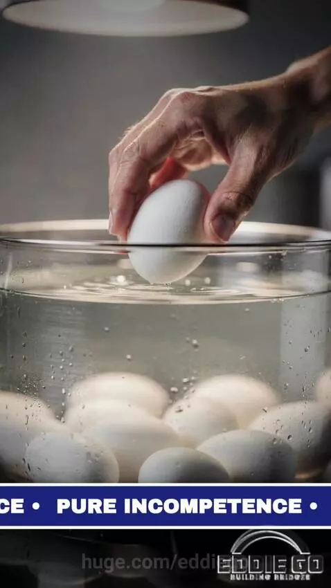 Baby figure in cowboy hat and sunglasses as a kitchen expert demonstrating an egg peeling trick.