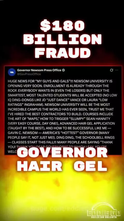 Baby in a suit with text criticizing Gavin Newsom and 'Newsom University' on a fiery background.