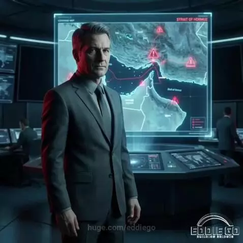 Man in suit in control room discussing US naval strategy for Strait of Hormuz.