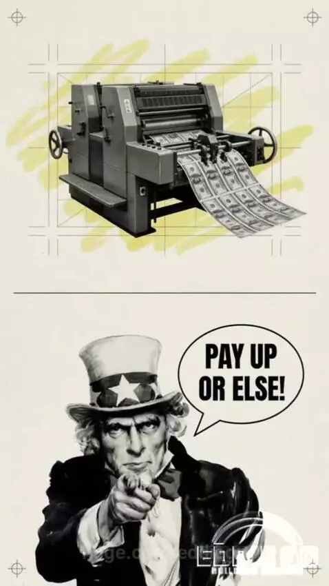 Baby in a suit presenting, questioning taxes, with graphics of money printing and government control.